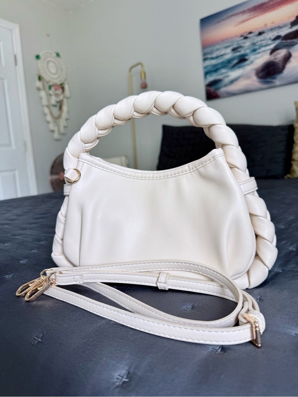 Urban Expressions Cream Braided Handle Crossbody Clutch Shoulder Bag Off White
